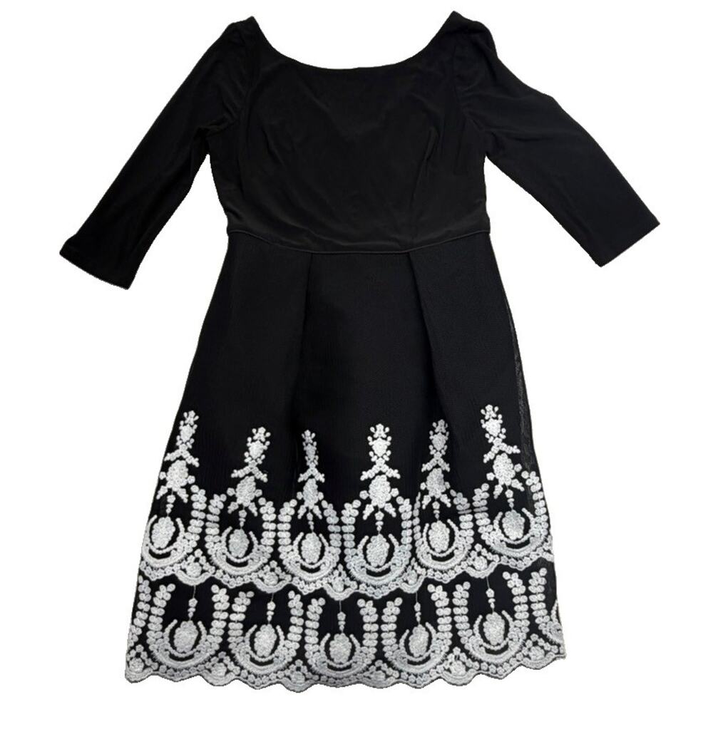 Adrianna Papell Lace Fit Flare Dress Womens 12 Black Red Cocktail Party Midi